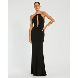 Mac Duggal 42065 Black Halter Neck Cut Out Gown Jeweled Detail Maxi US 4